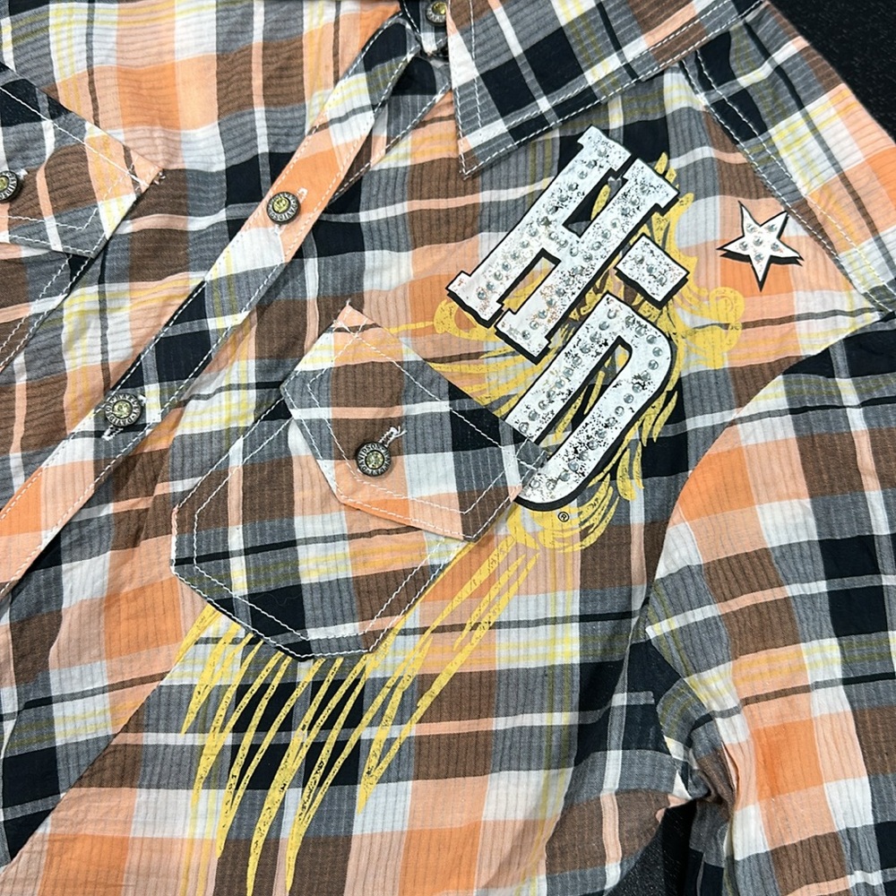 Harley-Davidson Women’s Orange and Black Plaid Shirt with Rhinestone Wing - XS - Picture 4 of 10